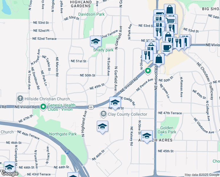 map of restaurants, bars, coffee shops, grocery stores, and more near 2003 Northeast 49th Street in Kansas City