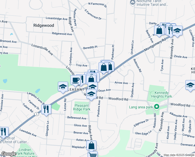 map of restaurants, bars, coffee shops, grocery stores, and more near 6110 Webbland Place in Cincinnati