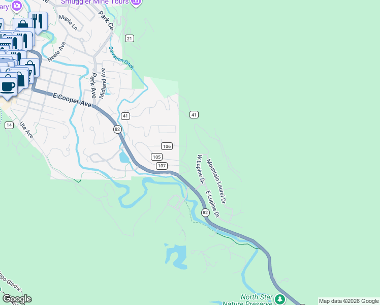 map of restaurants, bars, coffee shops, grocery stores, and more near 182 West Lupine Drive in Aspen