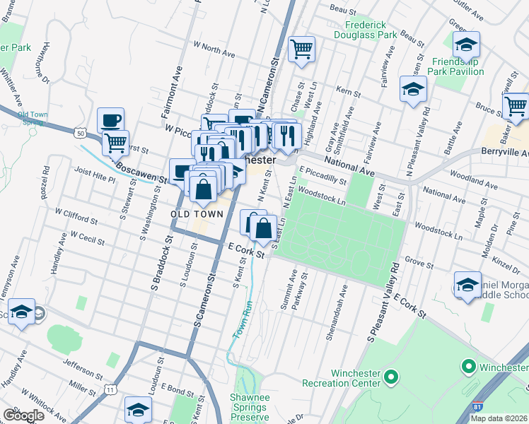 map of restaurants, bars, coffee shops, grocery stores, and more near 211 East Boscawen Street in Winchester
