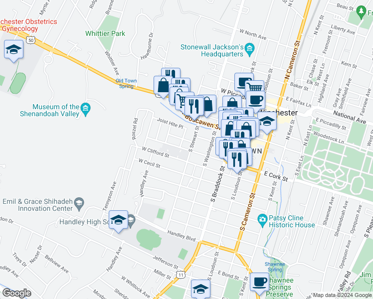 map of restaurants, bars, coffee shops, grocery stores, and more near 301 West Cork Street in Winchester