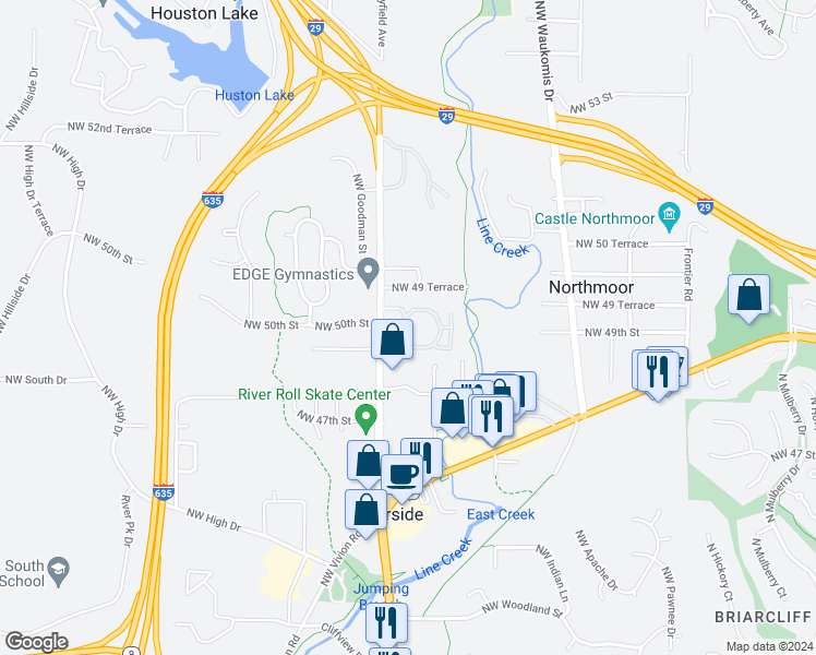 map of restaurants, bars, coffee shops, grocery stores, and more near 4925 Northwest Gateway Avenue in Riverside
