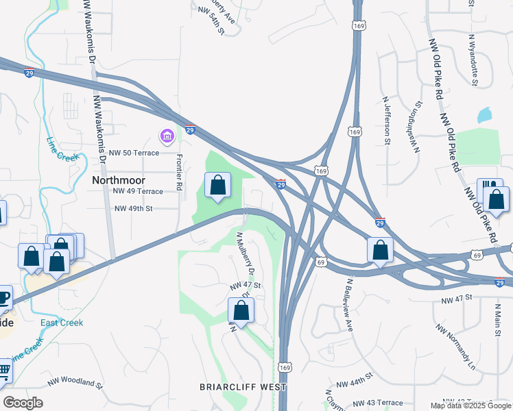 map of restaurants, bars, coffee shops, grocery stores, and more near 1102 Northwest Vivion Road in Kansas City