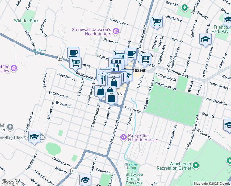 map of restaurants, bars, coffee shops, grocery stores, and more near 103 South Loudoun Street in Winchester