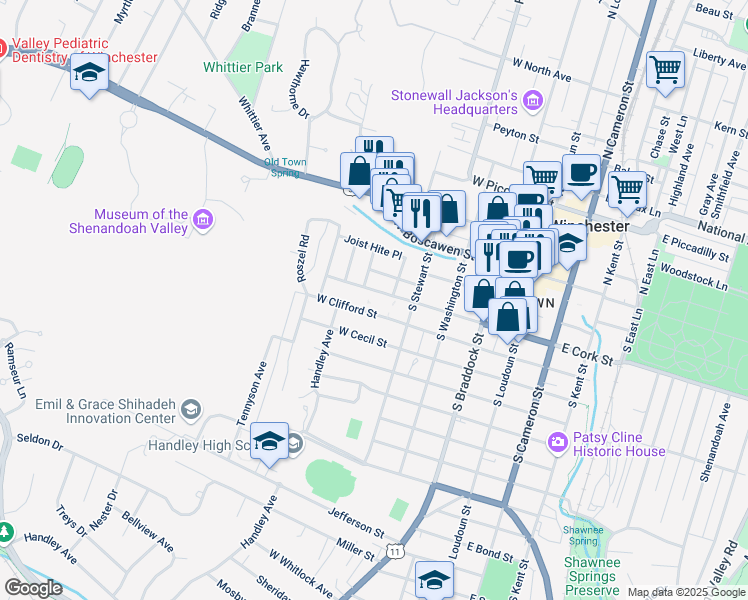 map of restaurants, bars, coffee shops, grocery stores, and more near 333 West Cork Street in Winchester