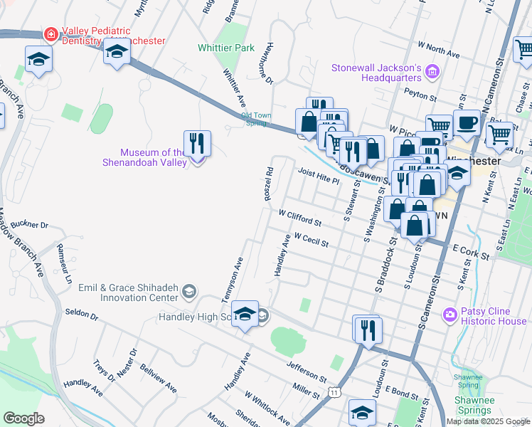 map of restaurants, bars, coffee shops, grocery stores, and more near 305 Courtfield Avenue in Winchester