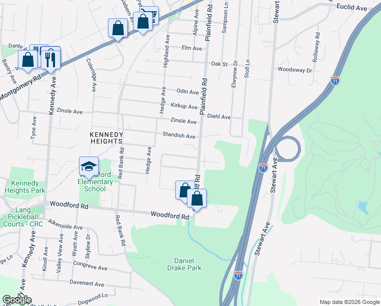 map of restaurants, bars, coffee shops, grocery stores, and more near 6129 Plainfield Road in Cincinnati