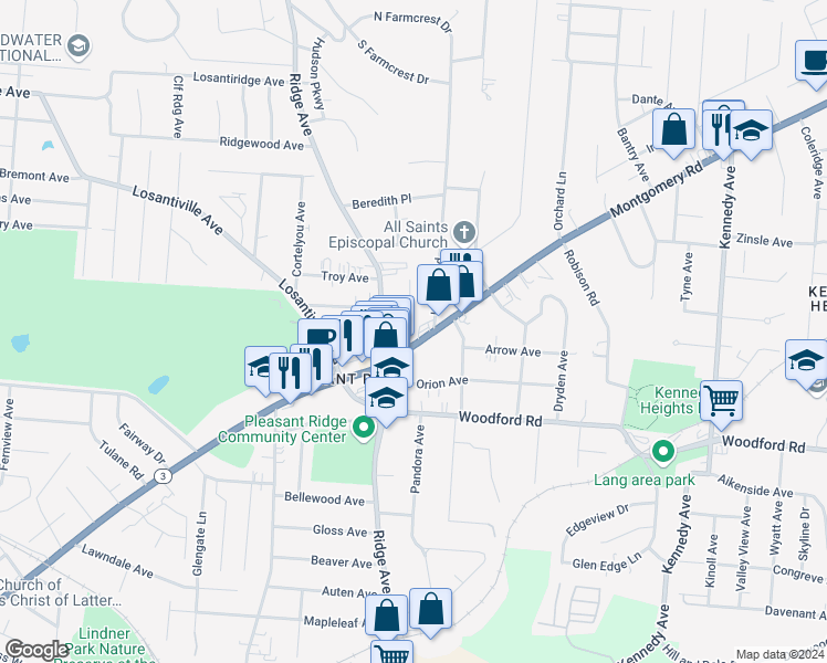 map of restaurants, bars, coffee shops, grocery stores, and more near 6110 Webbland Place in Cincinnati