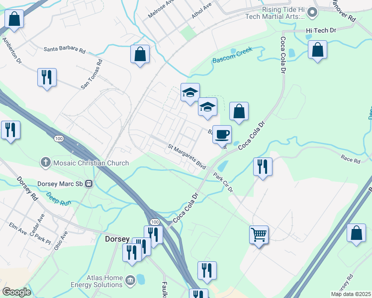 map of restaurants, bars, coffee shops, grocery stores, and more near 7350 Saint Margarets Boulevard in Hanover