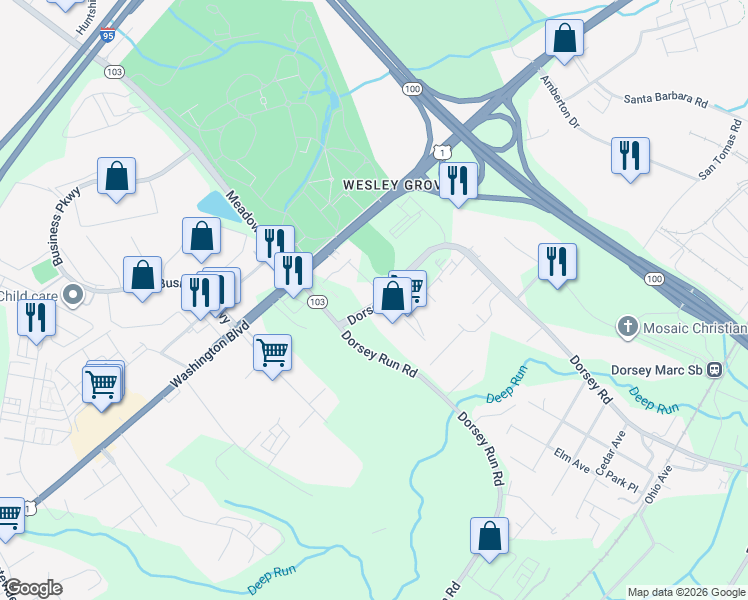 map of restaurants, bars, coffee shops, grocery stores, and more near 7000 Barnett Lane in Elkridge