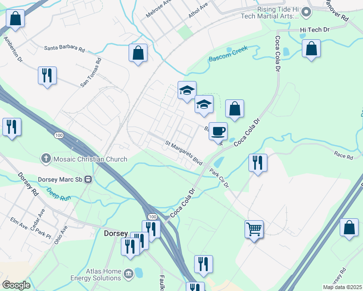 map of restaurants, bars, coffee shops, grocery stores, and more near 7352 Saint Margarets Boulevard in Hanover