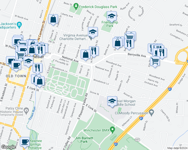 map of restaurants, bars, coffee shops, grocery stores, and more near 34 Raleigh Court in Winchester