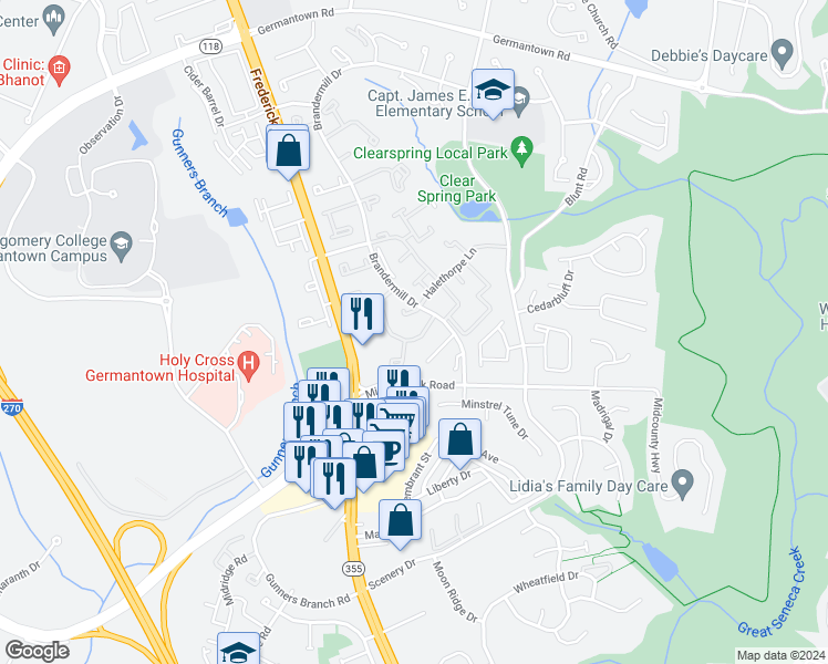 map of restaurants, bars, coffee shops, grocery stores, and more near 19939 Stoney Point Way in Germantown