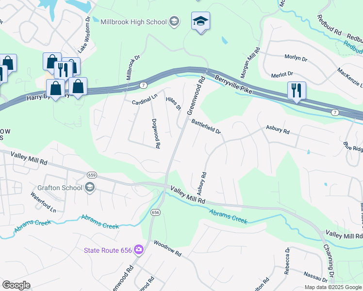 map of restaurants, bars, coffee shops, grocery stores, and more near 275 Greenwood Road in Winchester