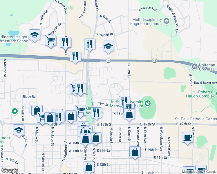 map of restaurants, bars, coffee shops, grocery stores, and more near 207 Varsity Lane in Bloomington