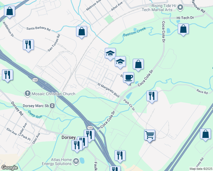 map of restaurants, bars, coffee shops, grocery stores, and more near 7356 Saint Margarets Boulevard in Hanover