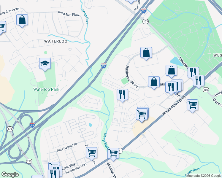 map of restaurants, bars, coffee shops, grocery stores, and more near 7999 Potter Place in Elkridge