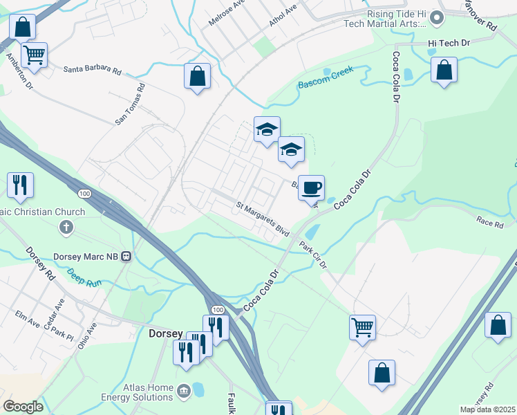 map of restaurants, bars, coffee shops, grocery stores, and more near 7354 Saint Margarets Boulevard in Hanover