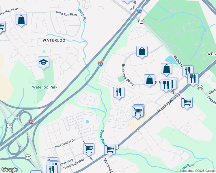 map of restaurants, bars, coffee shops, grocery stores, and more near 7999 Potter Place in Elkridge