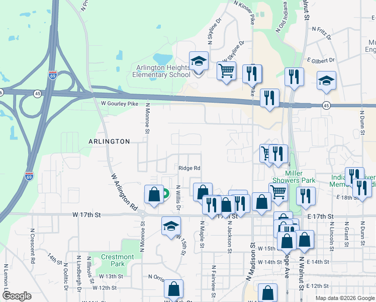 map of restaurants, bars, coffee shops, grocery stores, and more near 1600 North Willis Drive in Bloomington