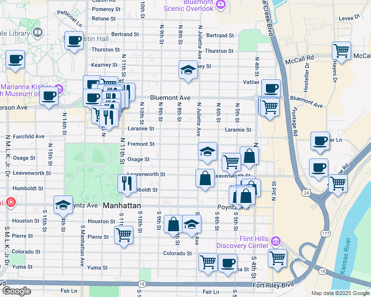 map of restaurants, bars, coffee shops, grocery stores, and more near 800 Osage Street in Manhattan