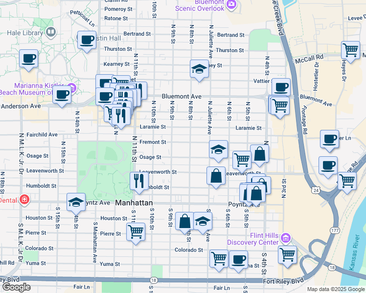map of restaurants, bars, coffee shops, grocery stores, and more near 800 Osage Street in Manhattan