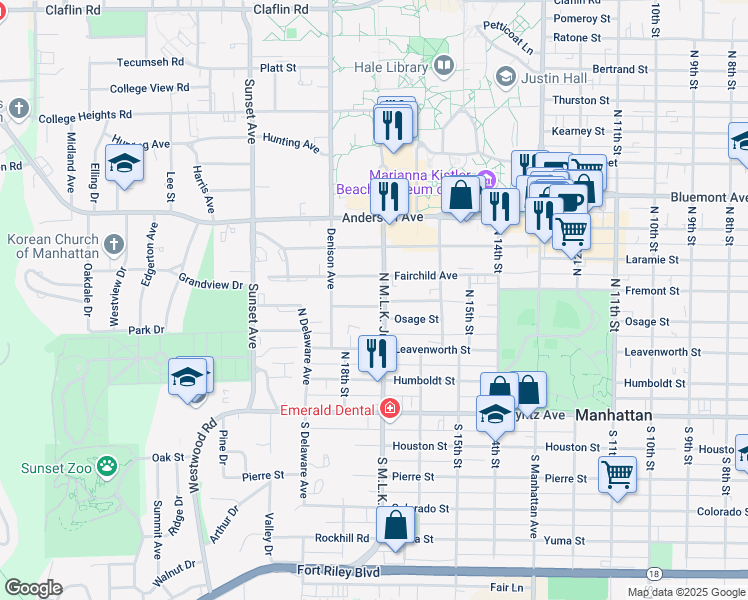 map of restaurants, bars, coffee shops, grocery stores, and more near 331 North Martin Luther King Jr. Drive in Manhattan