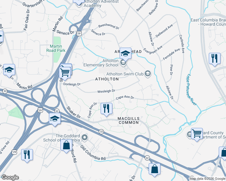map of restaurants, bars, coffee shops, grocery stores, and more near 6900 Greenleigh Drive in Columbia
