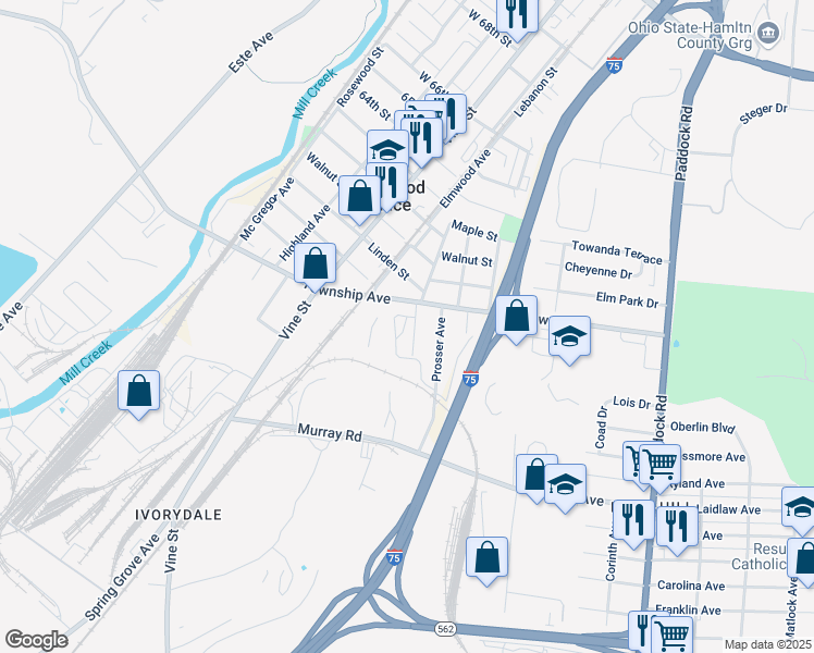 map of restaurants, bars, coffee shops, grocery stores, and more near 5621 Chestnut Street in Cincinnati
