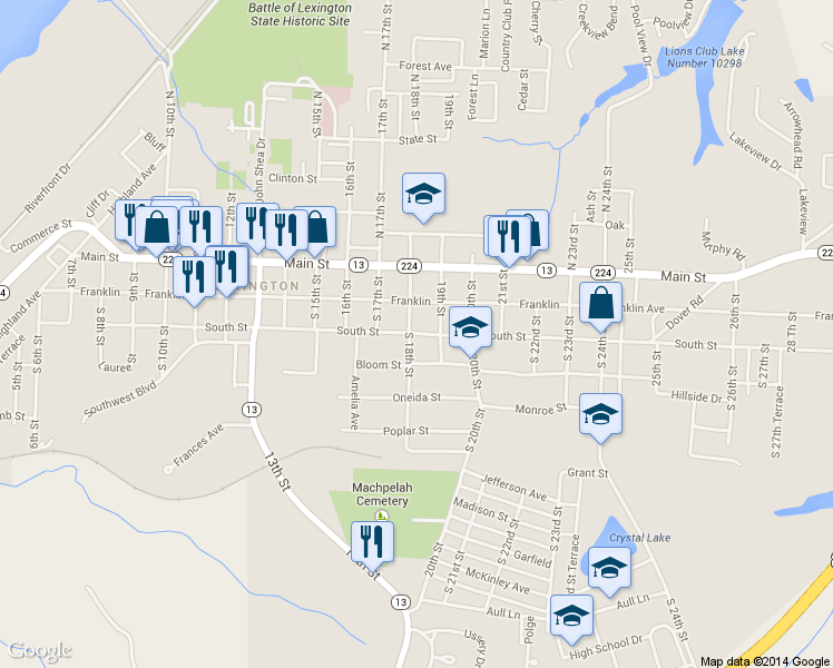 map of restaurants, bars, coffee shops, grocery stores, and more near 1823 South Street in Lexington