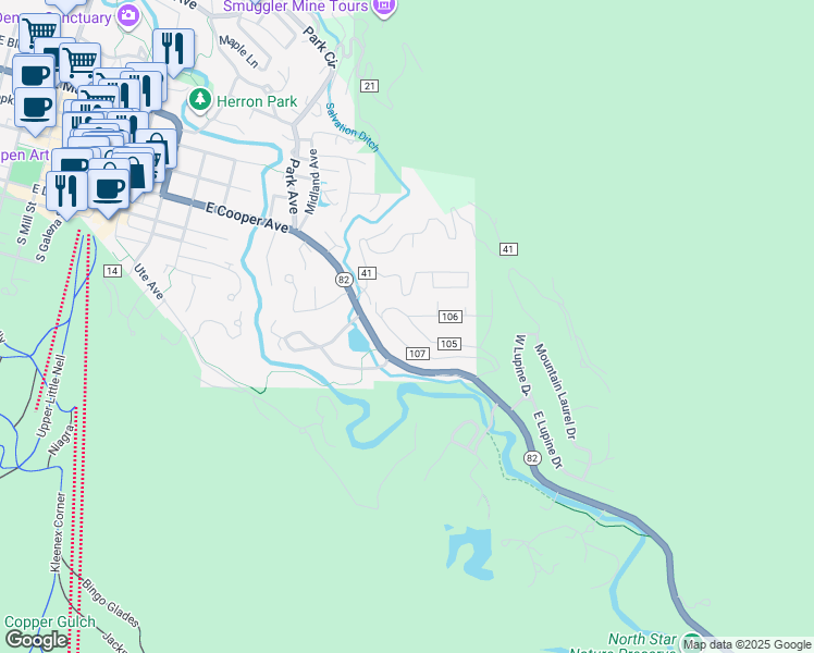 map of restaurants, bars, coffee shops, grocery stores, and more near 228-244 Eastwood Drive in Aspen