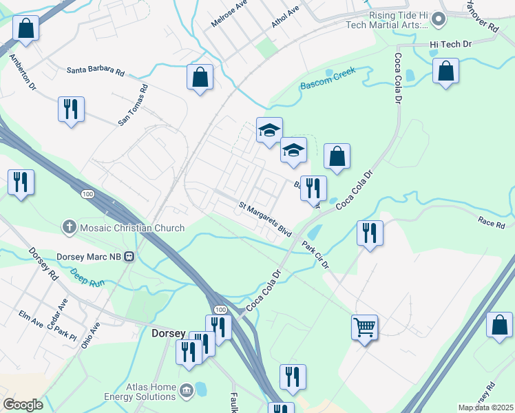 map of restaurants, bars, coffee shops, grocery stores, and more near 7362 Saint Margarets Boulevard in Hanover