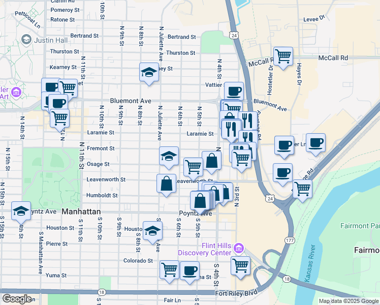 map of restaurants, bars, coffee shops, grocery stores, and more near 513 Fremont Street in Manhattan