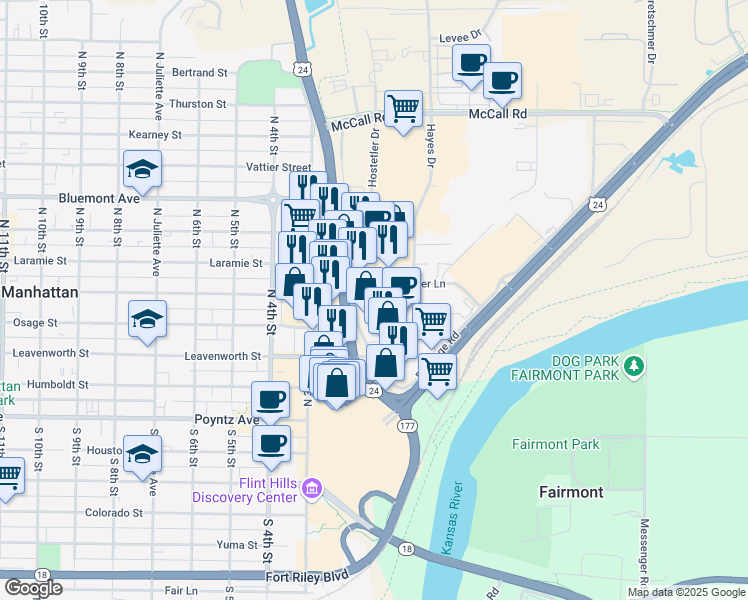 map of restaurants, bars, coffee shops, grocery stores, and more near 206 Frontage Road in Manhattan