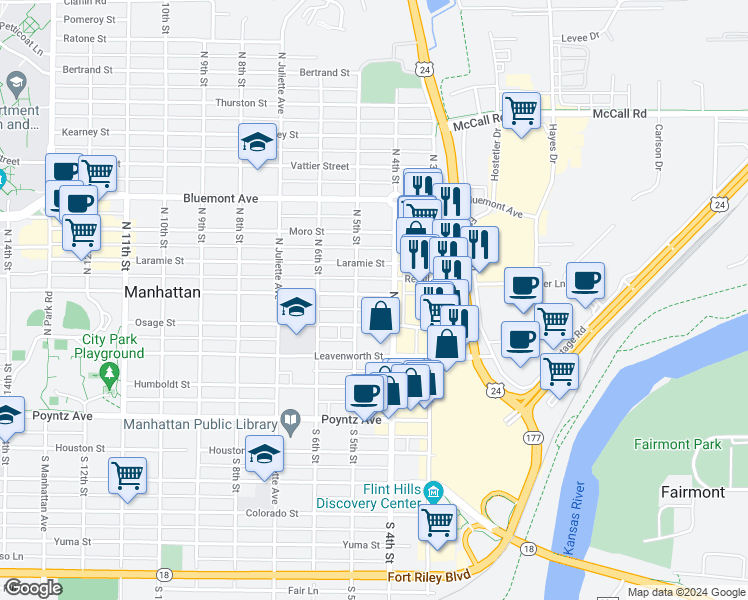 map of restaurants, bars, coffee shops, grocery stores, and more near 417 Fremont Street in Manhattan