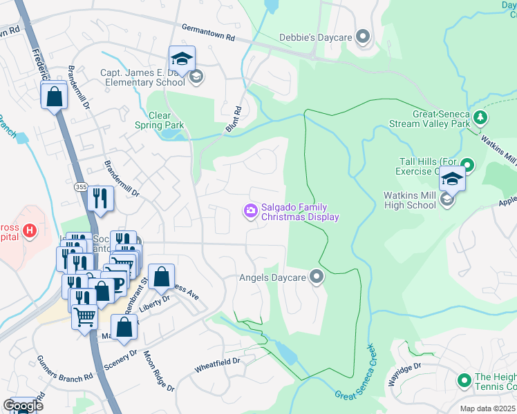 map of restaurants, bars, coffee shops, grocery stores, and more near 19930 Choctaw Court in Germantown