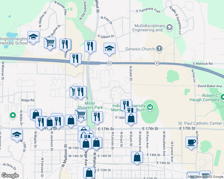 map of restaurants, bars, coffee shops, grocery stores, and more near 232 Varsity Lane in Bloomington