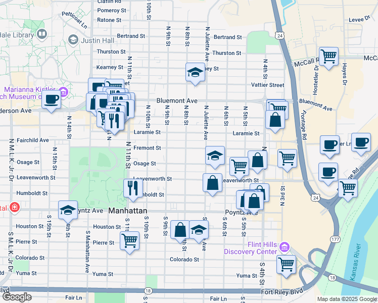 map of restaurants, bars, coffee shops, grocery stores, and more near 725 Fremont Street in Manhattan