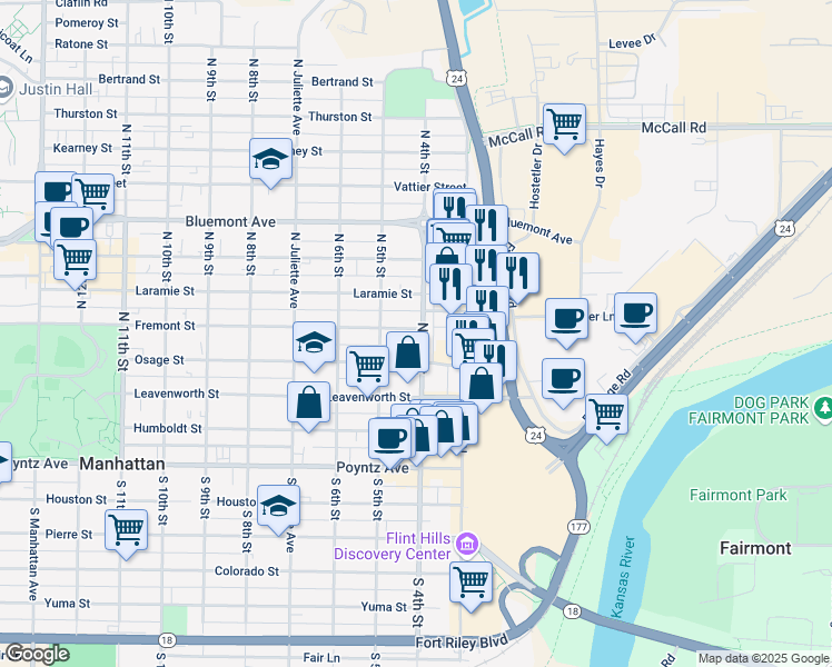 map of restaurants, bars, coffee shops, grocery stores, and more near 401 Fremont Street in Manhattan