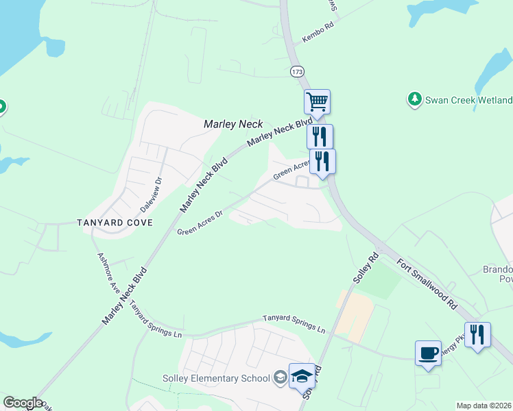 map of restaurants, bars, coffee shops, grocery stores, and more near 211 Green Ridge Lane in Glen Burnie
