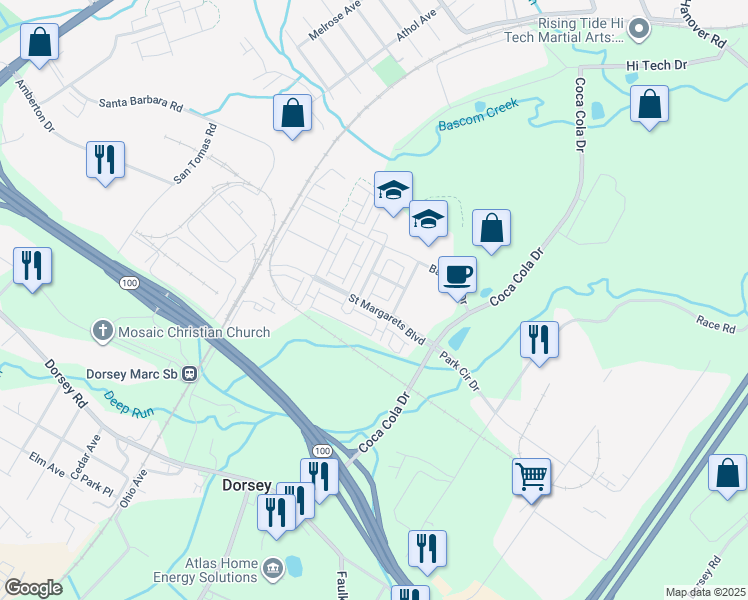 map of restaurants, bars, coffee shops, grocery stores, and more near 7364 Saint Margarets Boulevard in Hanover