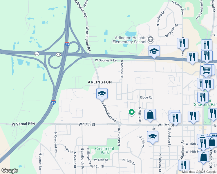 map of restaurants, bars, coffee shops, grocery stores, and more near 1211 West 20th Street in Bloomington