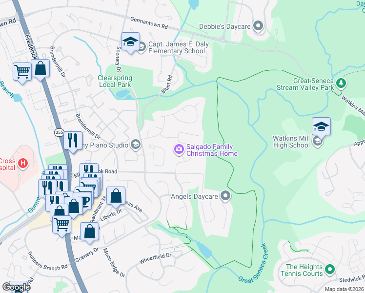 map of restaurants, bars, coffee shops, grocery stores, and more near 19936 Choctaw Court in Germantown