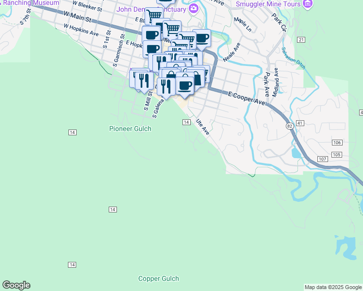 map of restaurants, bars, coffee shops, grocery stores, and more near 605 South Alps Road in Aspen