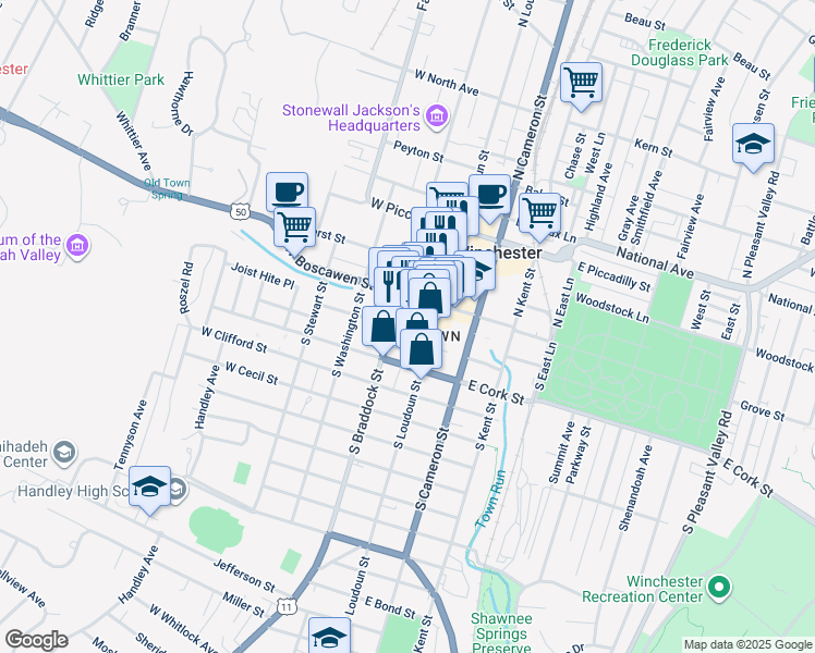 map of restaurants, bars, coffee shops, grocery stores, and more near 103 South Loudoun Street in Winchester