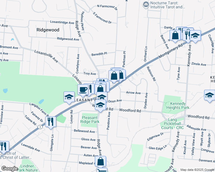map of restaurants, bars, coffee shops, grocery stores, and more near 6110 Webbland Place in Cincinnati