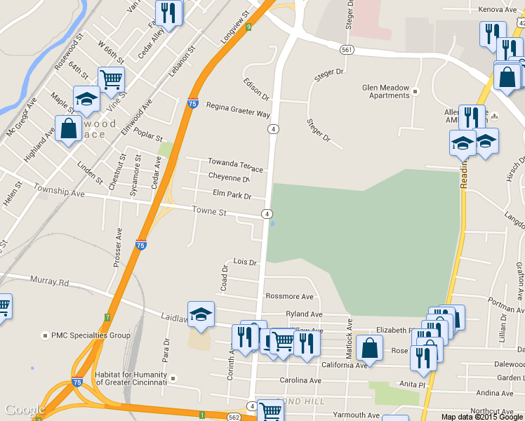 map of restaurants, bars, coffee shops, grocery stores, and more near 1194 Towne Street in Cincinnati