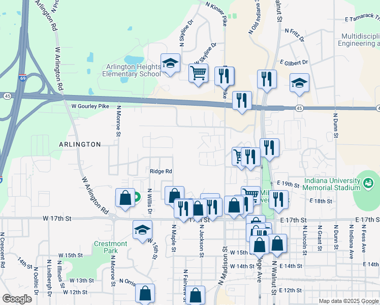 map of restaurants, bars, coffee shops, grocery stores, and more near 703 West Gourley Pike in Bloomington