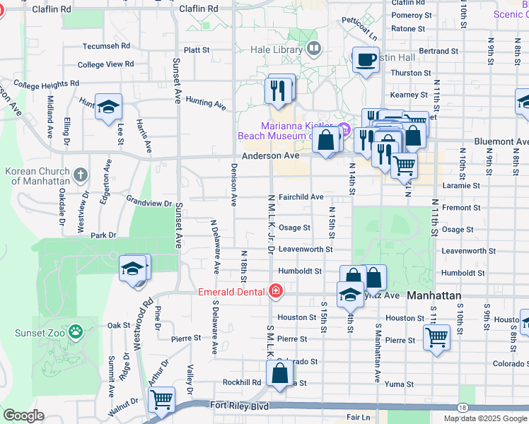 map of restaurants, bars, coffee shops, grocery stores, and more near 331 North Martin Luther King Jr. Drive in Manhattan