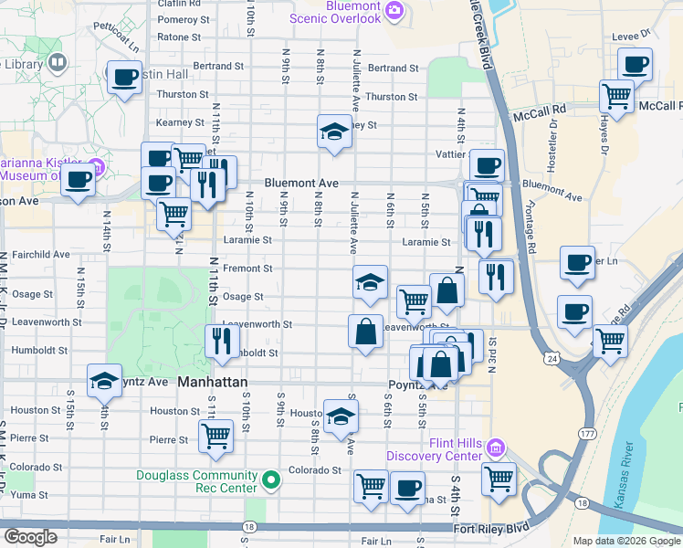 map of restaurants, bars, coffee shops, grocery stores, and more near 711 Fremont Street in Manhattan